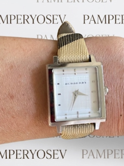 Euc Burberry Silver Square Watch With Beige Check Strap